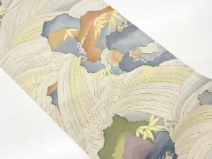 明綴れ荒波に笹・抽象岩模様織出し袋帯